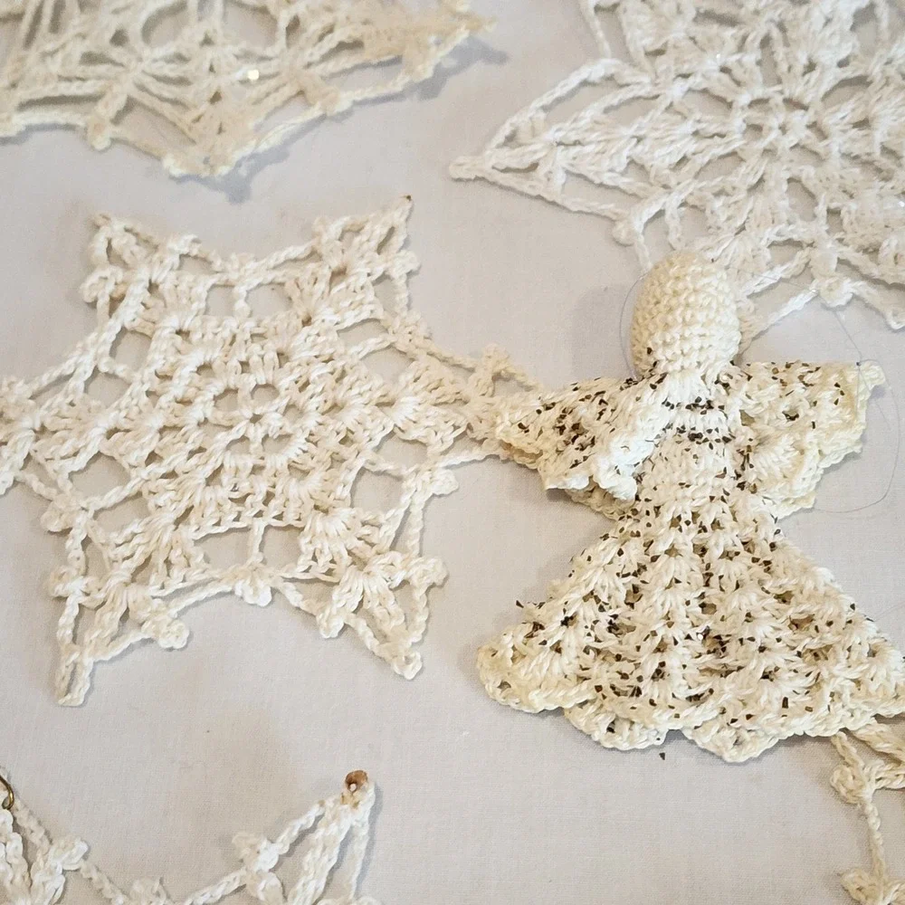 18 Vintage Handmade Crochet Snowflakes Angels Christmas Ornaments Cream Color